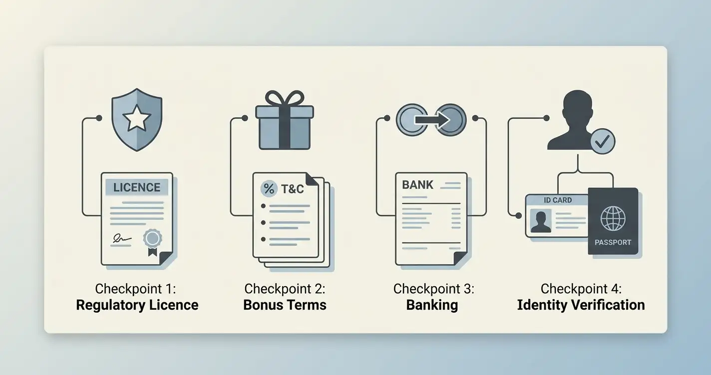 Abstract verification checklist for casino licence payments and bonus claims
